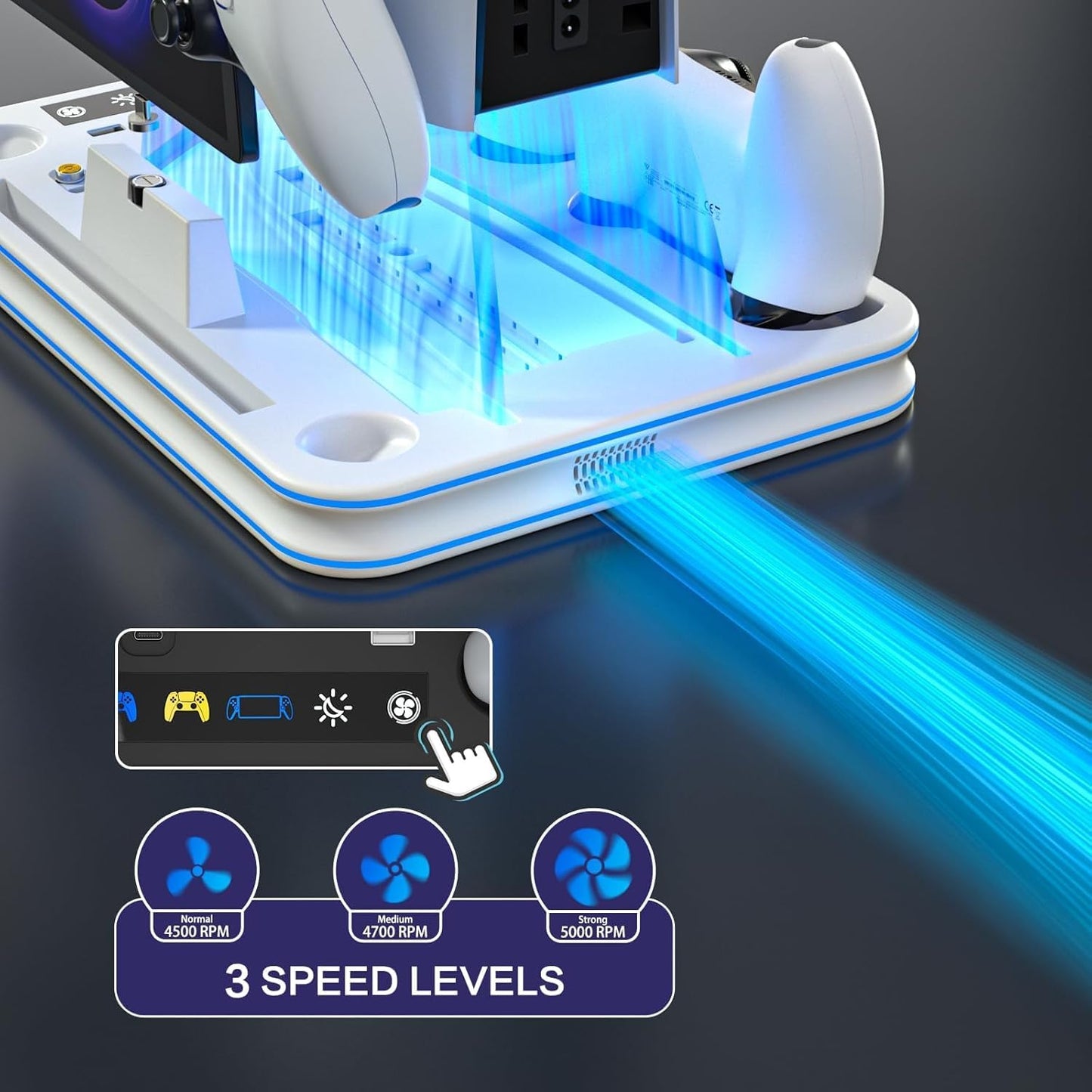 قاعدة تبريد وحامل PS5 Slim مع إضاءة RGB – شاحن يد تحكم بلايستيشن 5 وPS Portal مع شاحن مغناطيسي